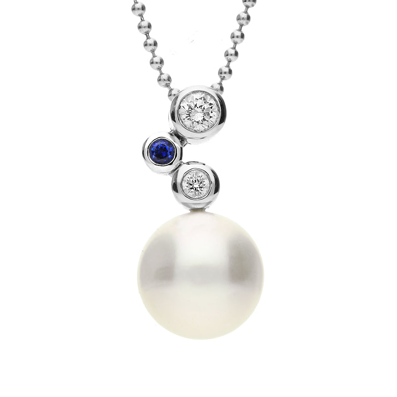 Mikimoto 18ct White Gold Diamond Sapphire Akoya Pearl Drop Necklace MKM ...